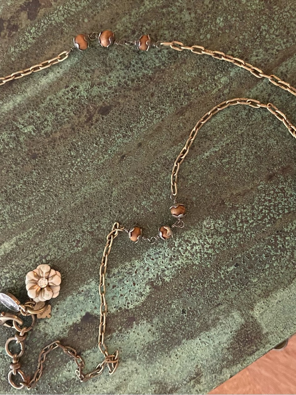 Lucky Brand Gold-Tone Necklace with Brown Enamel Beads and Flower Charm